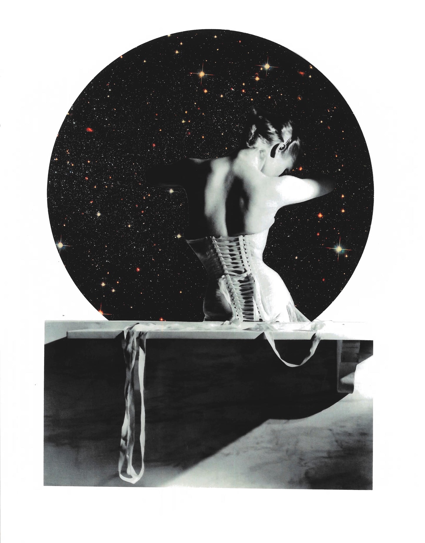Collage of a person in a corset against a starry night sky