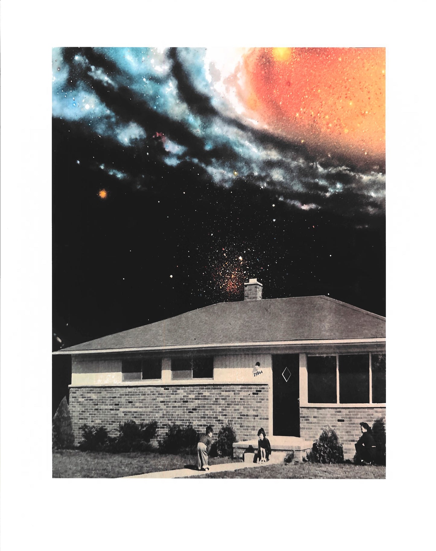 House with a surreal sky featuring a large planet and starry clouds.