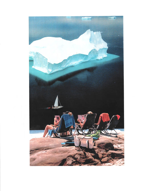 Collage of People sitting on chairs by a body of water with an iceberg in the background
