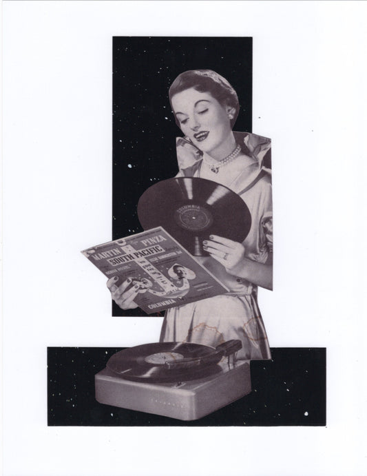 Collage illustration of a woman with a vinyl record and record player against a starry night sky.
