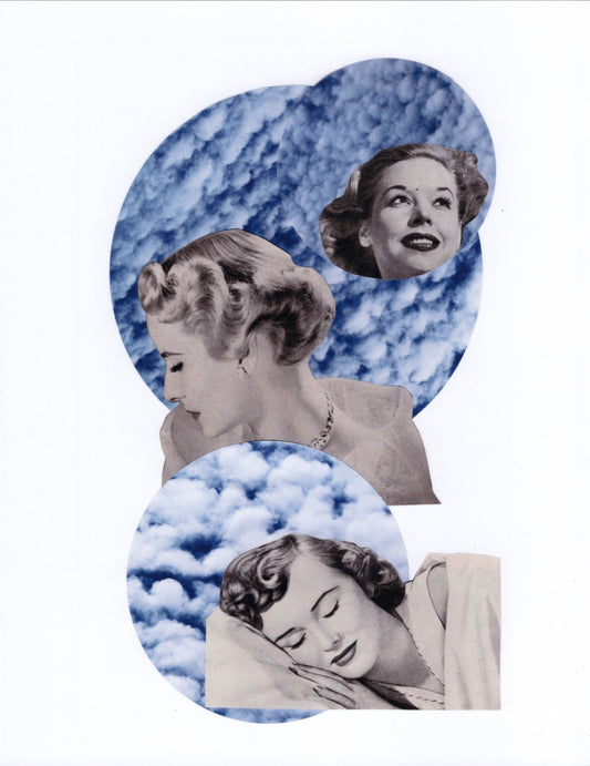 Collage of three vintage-style portraits with blue cloud-like backgrounds