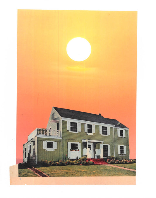 Collage of a House with a bright sun in an orange sky