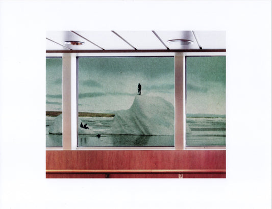 Collage of a person standing on a large wave inside a glass-walled building with a view of water outside.