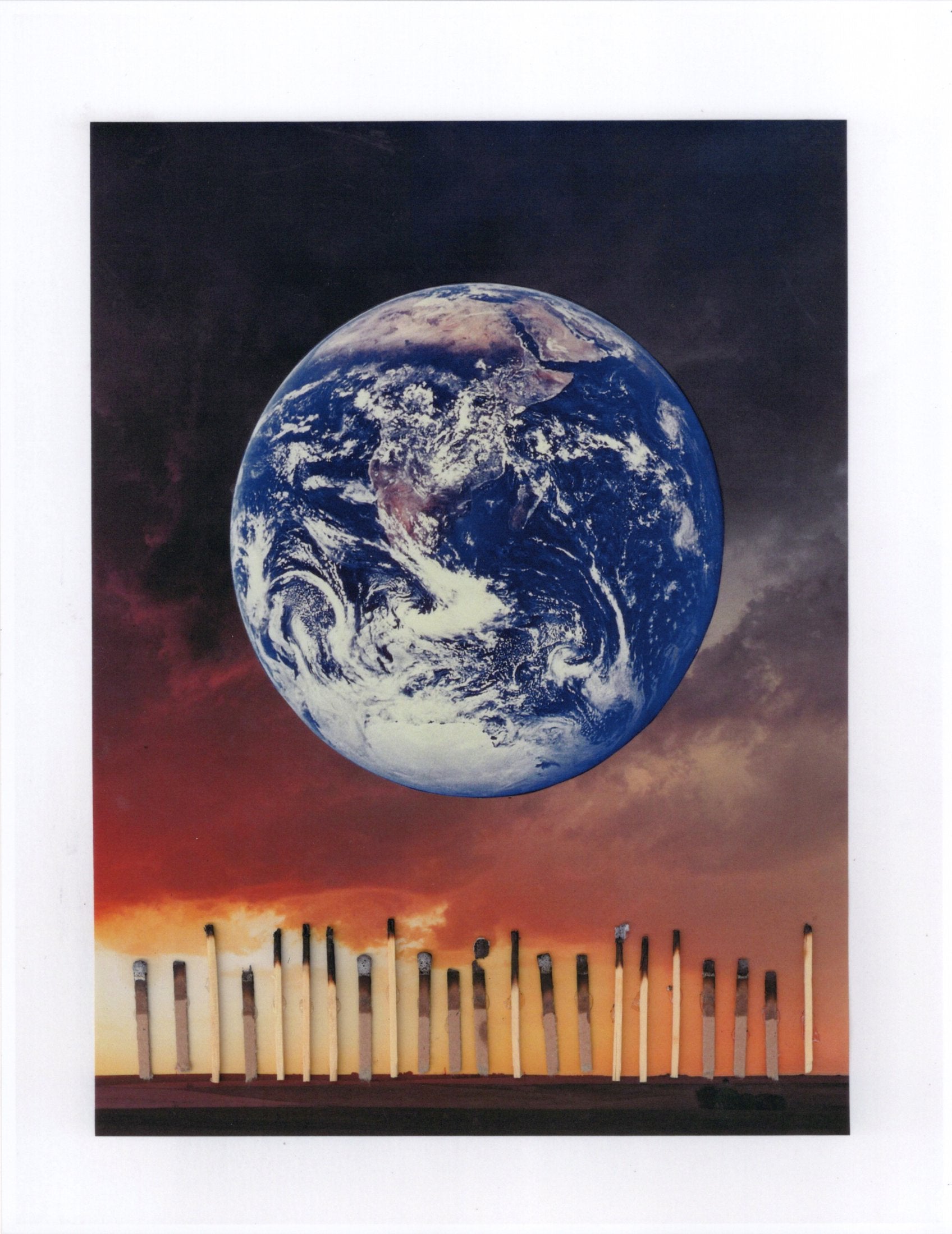 collage of Earth above a modern architectural structure made up of matches