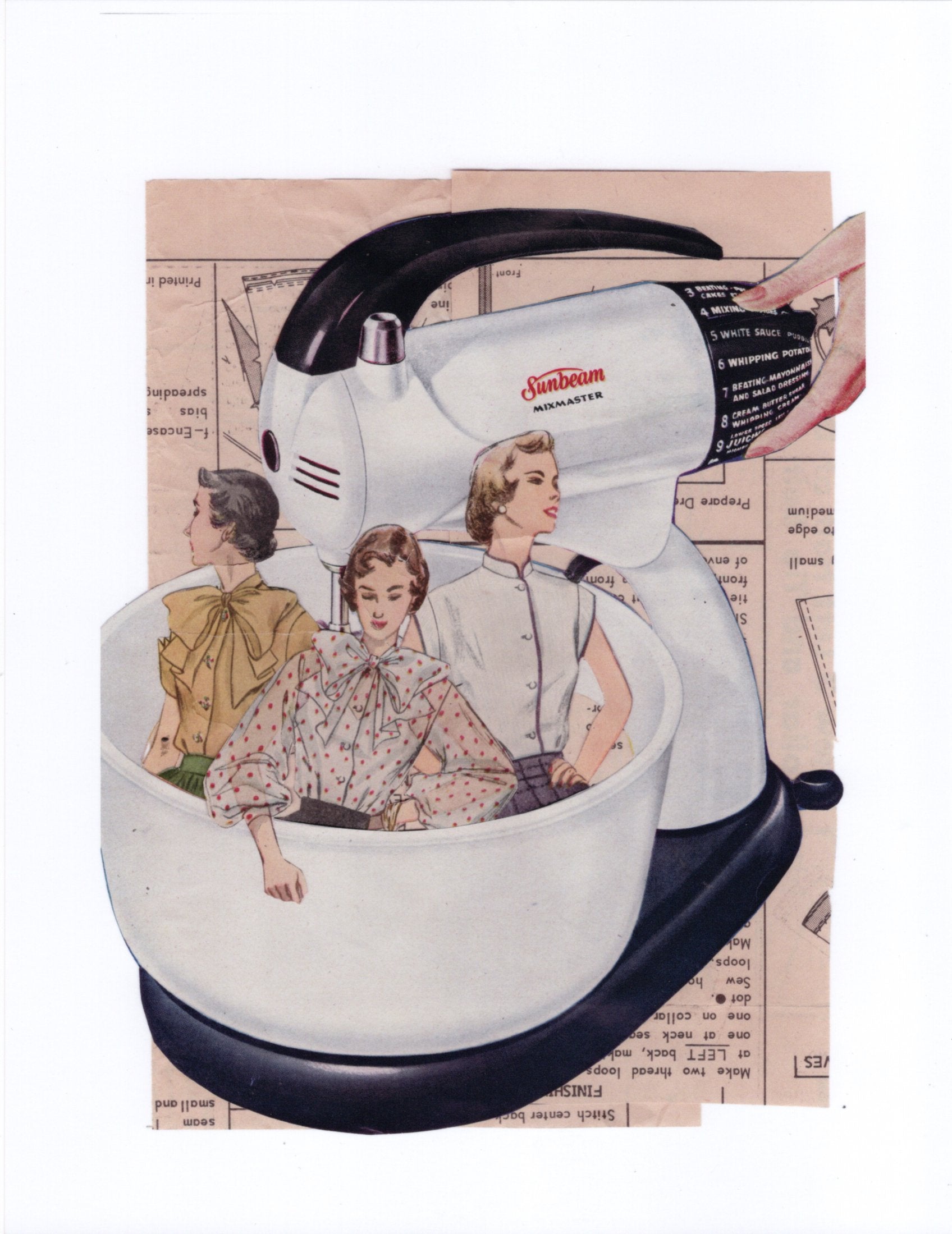 Collage of Vintage-style advertisement with a Clam-O-Matic appliance on a newspaper background