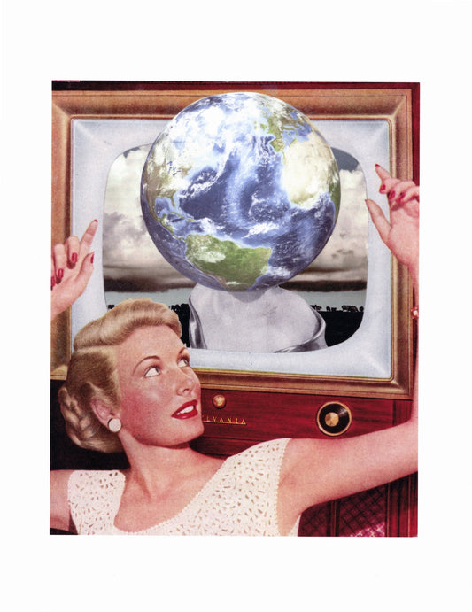 Collage in them of a Vintage-style illustration of a woman looking at a crystal ball containing Earth.