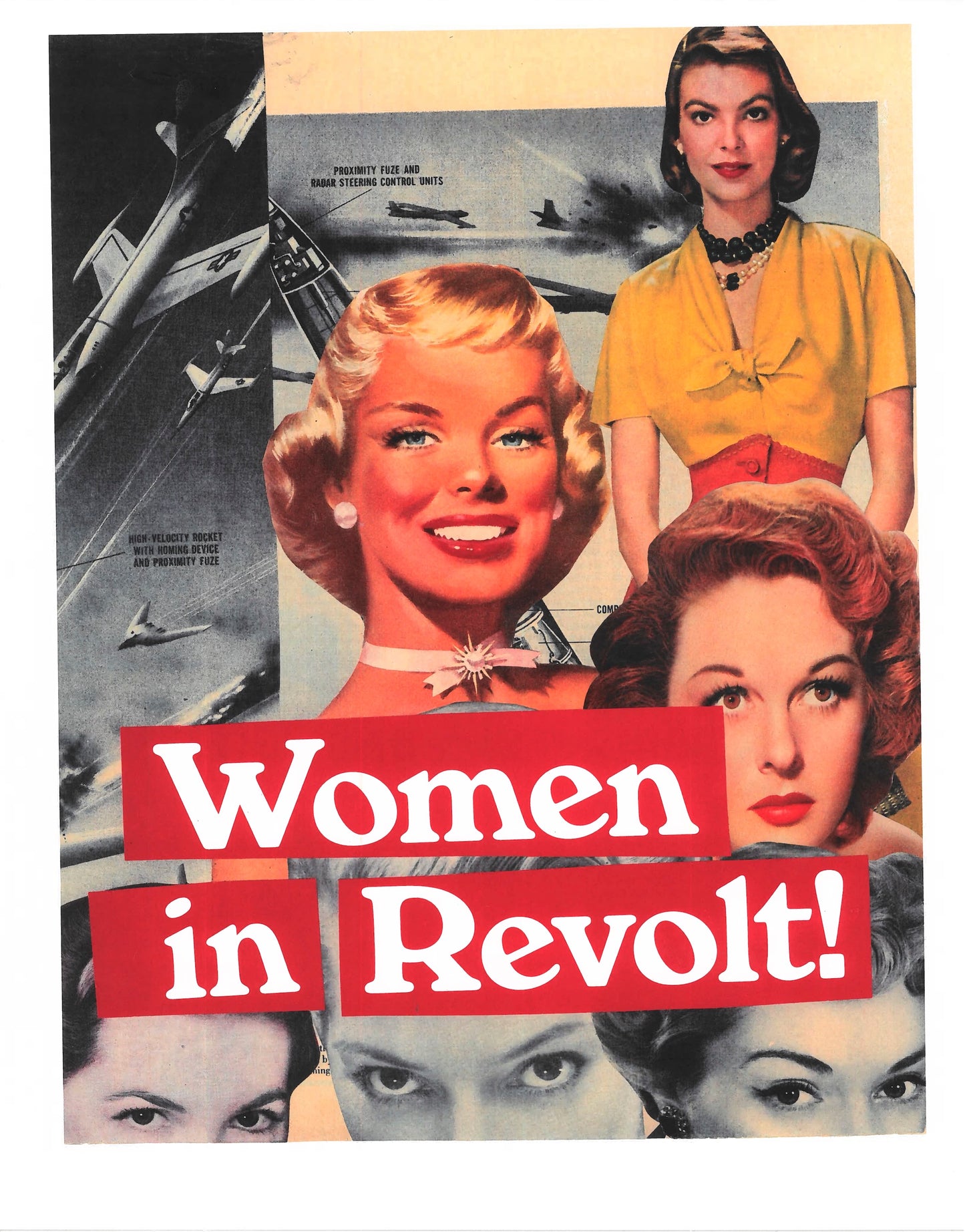 Vintage-style collage poster with women's faces and text 'Women in Revolt!' against an airplane backdrop.