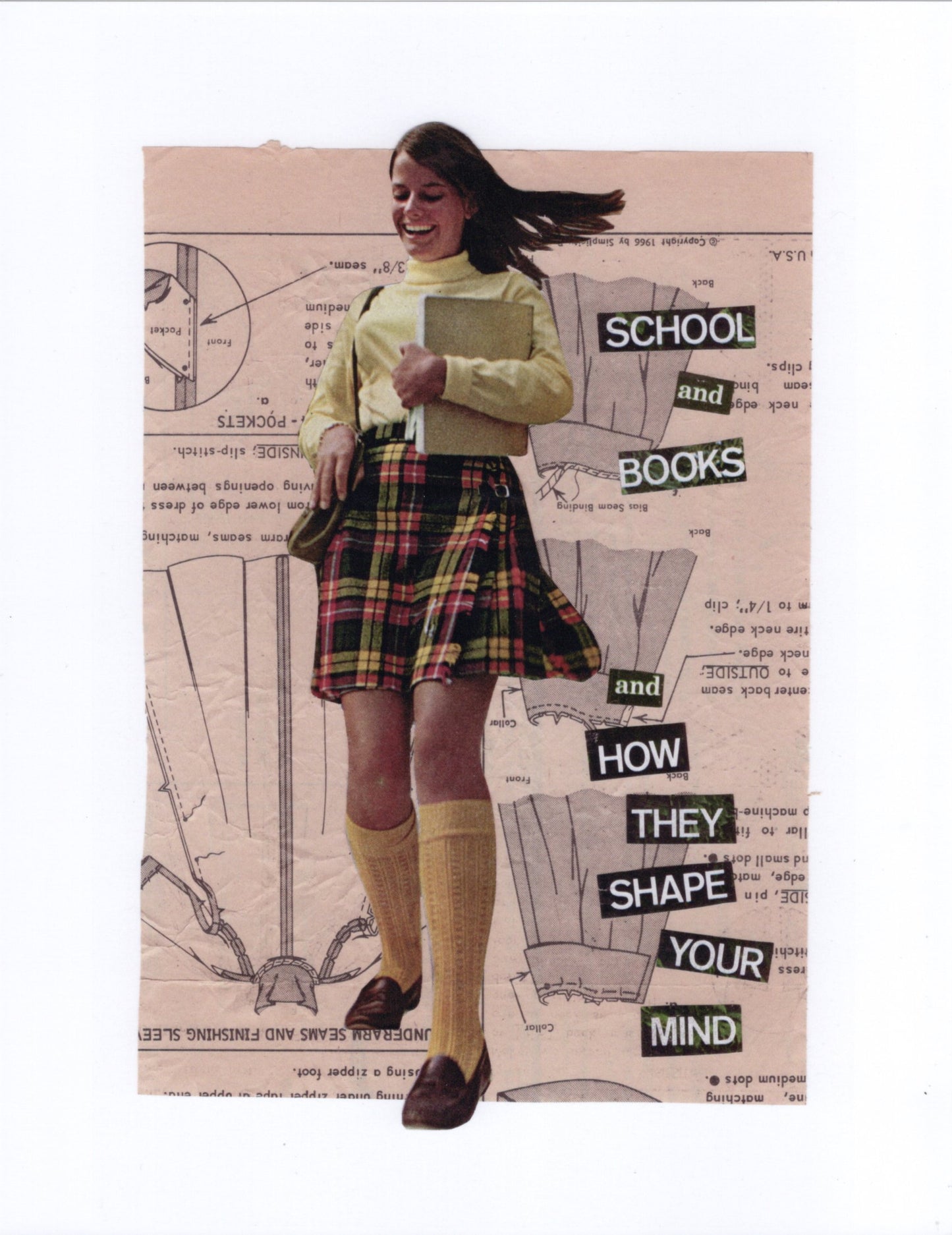 Collage of a woman in a school uniform with text about school and books.
