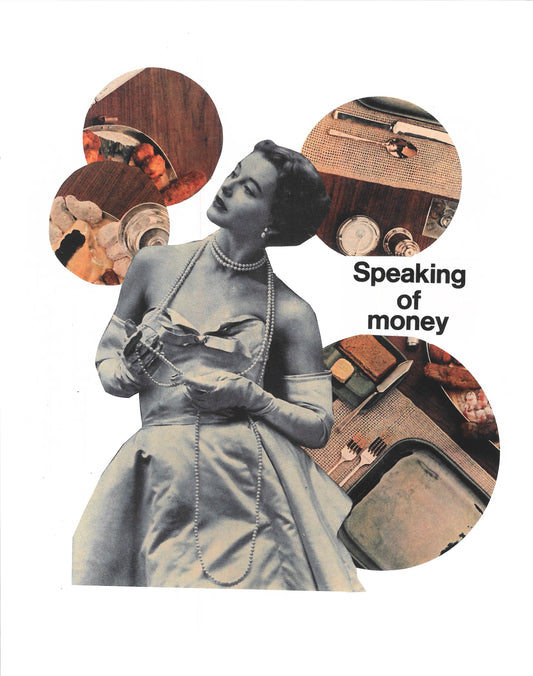 Collage of a woman with circular images around her, featuring the text 'Speaking of money'.