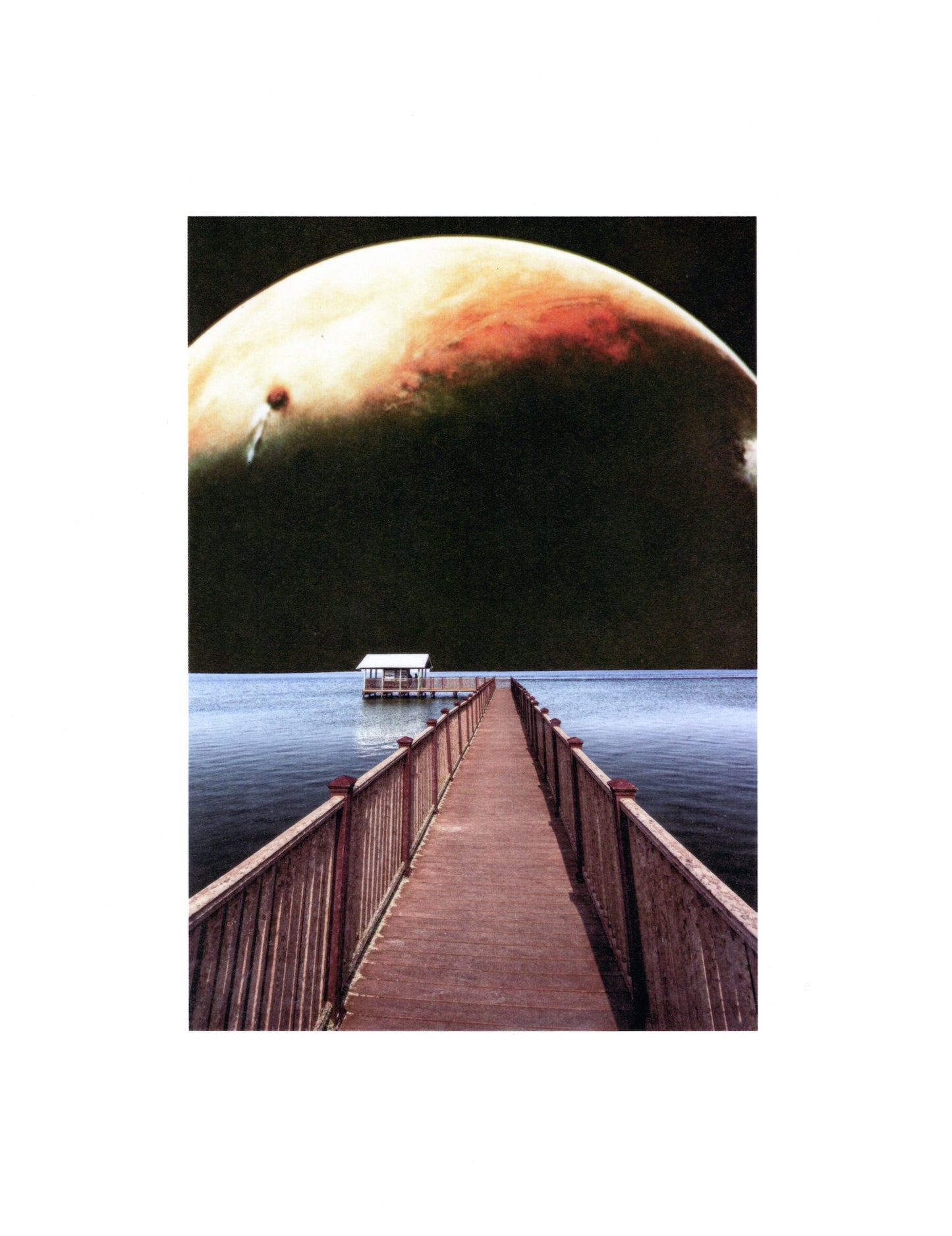 Collage of a Wooden pier extending into water with a large planet-like object in the sky