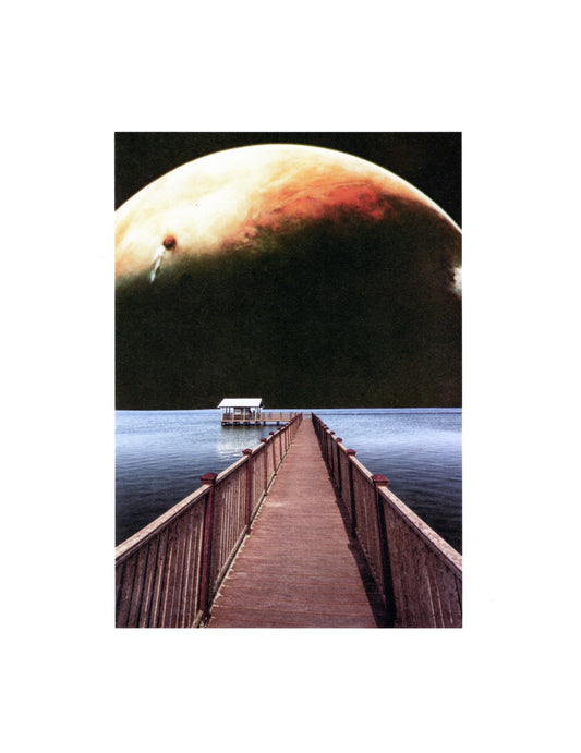 Collage of a Wooden pier extending into water with a large planet-like object in the sky