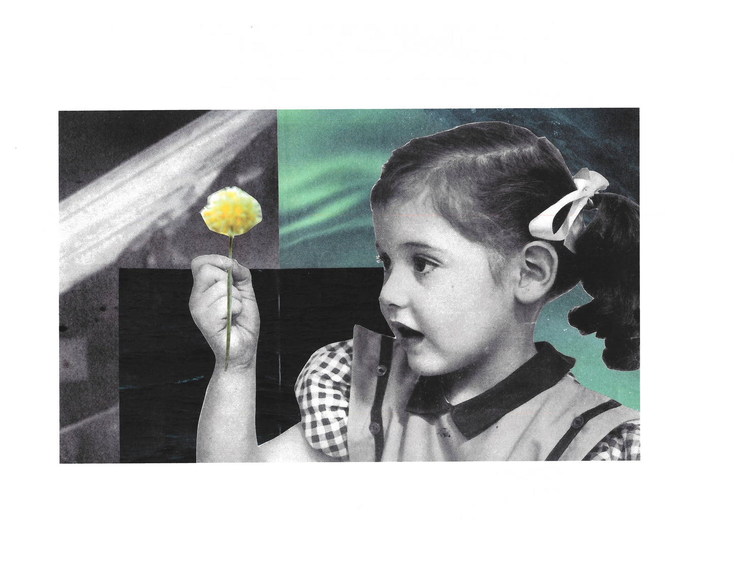 Collage of a young girl holding a flower with abstract elements.
