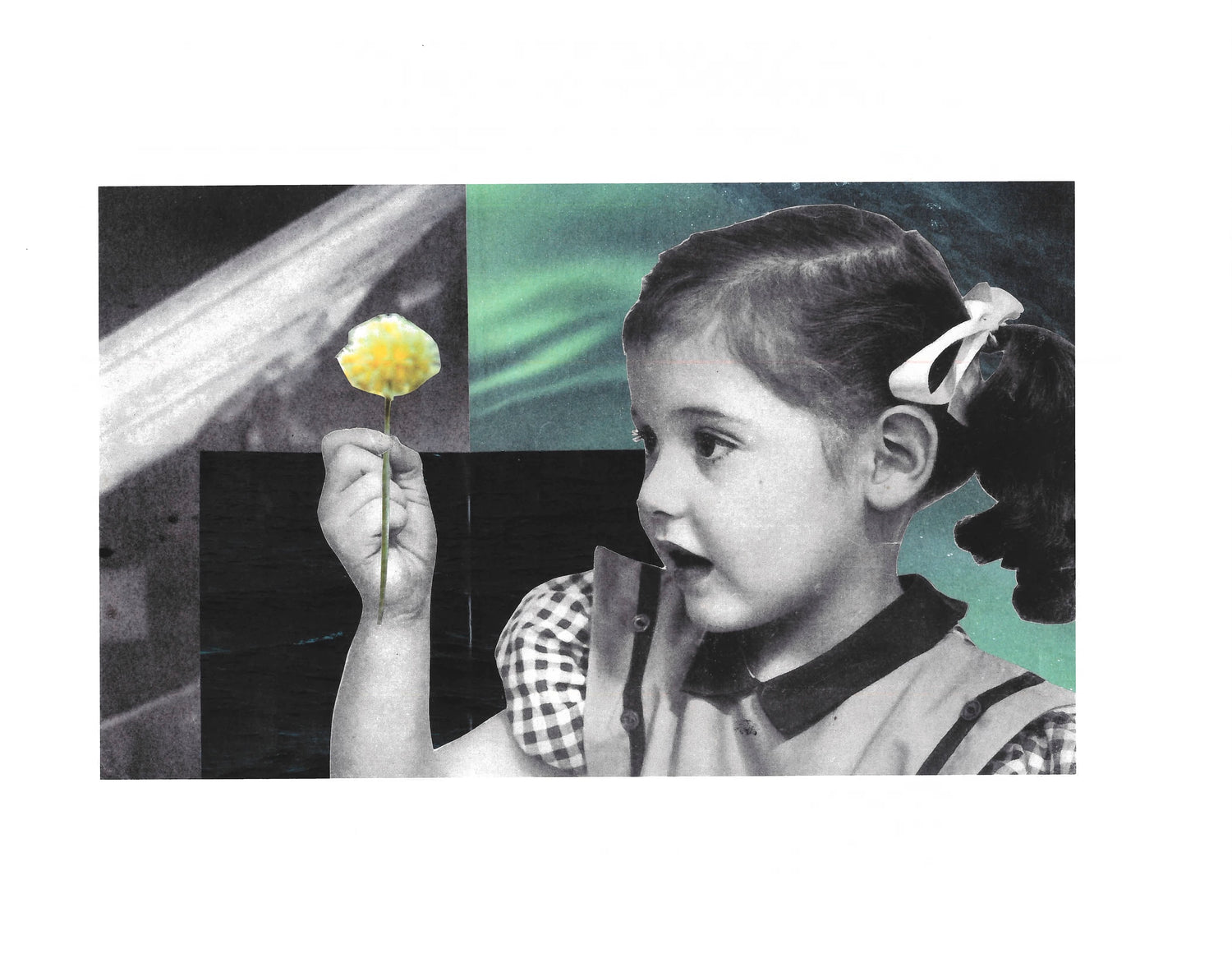 Collage of a young girl holding a flower with abstract elements.
