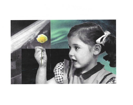 Collage of a young girl holding a flower with abstract elements.
